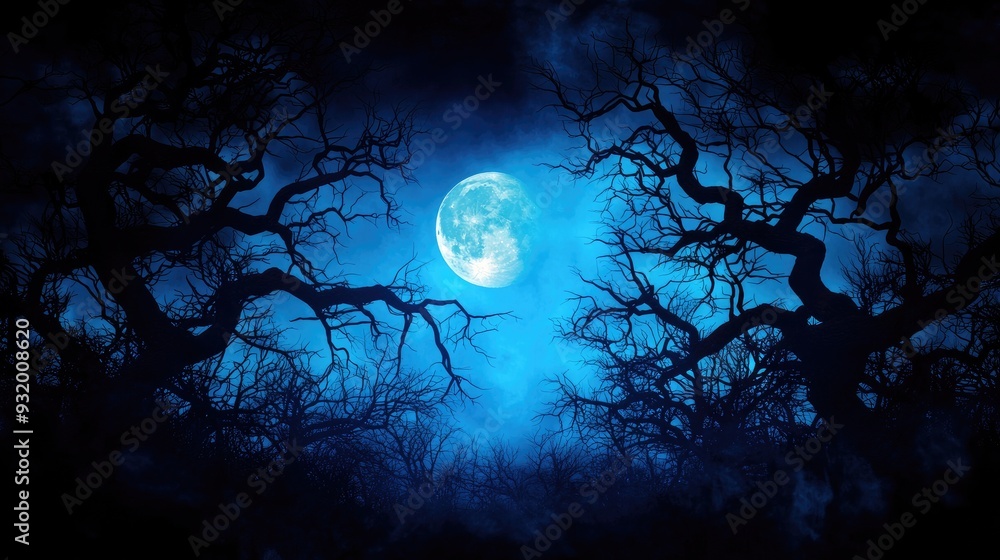 A haunting moonlit night scene, featuring a bright moon surrounded by eerie trees in a deep blue atmosphere. A haunting moonlit night scene, featuring a bright moon surrounded by eerie trees in a deep blue atmosphere.