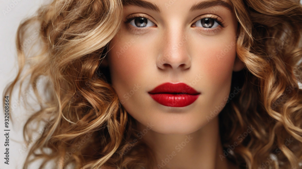 Close up studio portrait of natural beautiful woman with red lipstick Close up studio portrait of natural beautiful woman with red lipstick