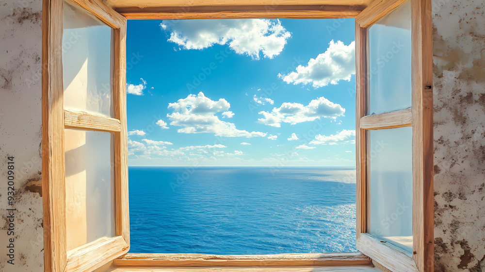 Fototapeta premium View of the blue sea and endless sky with clouds through an old window