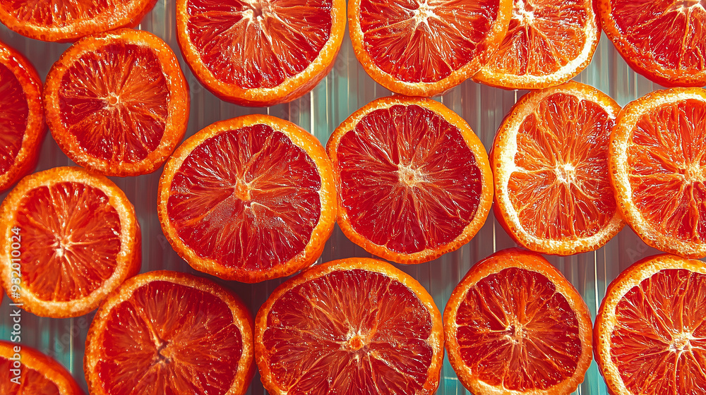 Fresh red-orange citrus slices arranged in a uniform pattern for vibrant background Fresh red-orange citrus slices arranged in a uniform pattern for vibrant background