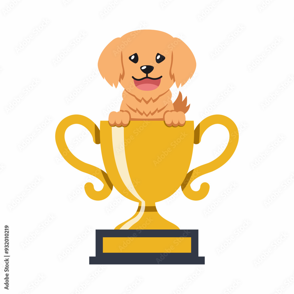 Cartoon character golden retriever dog with gold trophy cup award for design. Cartoon character golden retriever dog with gold trophy cup award for design.