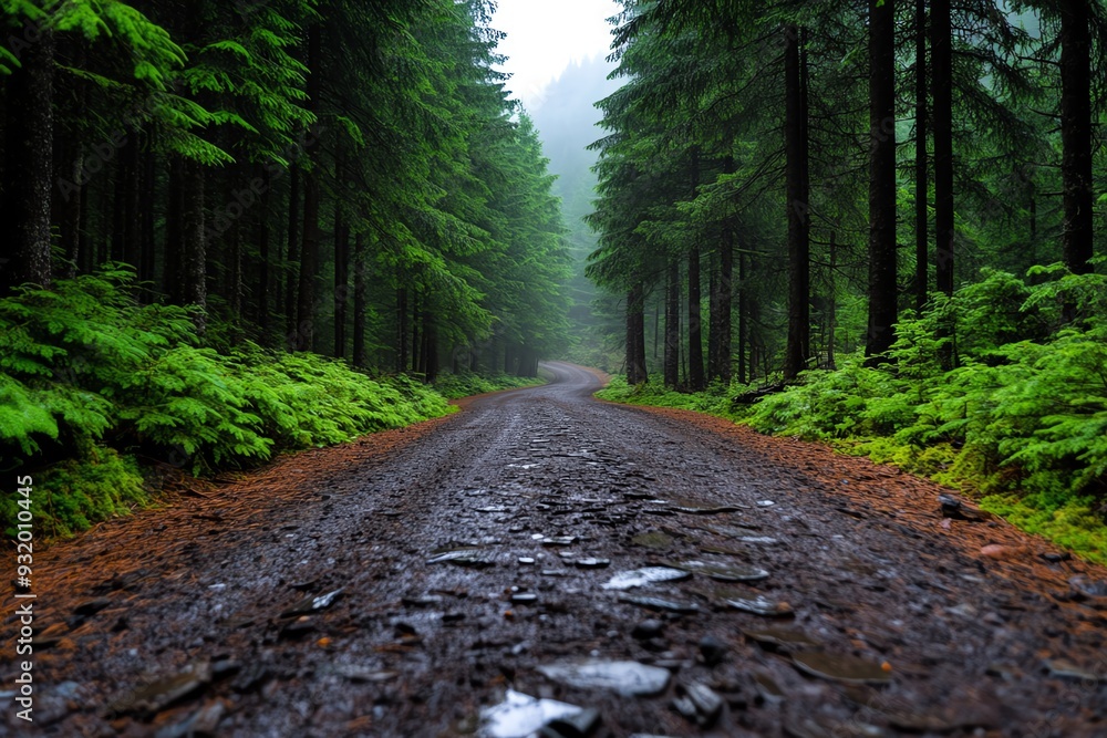 Obraz premium Foggy forest road surrounded by pine trees, eerie and atmospheric