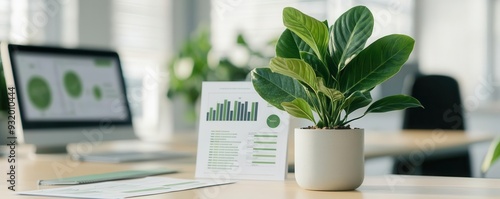 Office environment with green plants on desks, surrounded by charts and reports on sustainable business strategies, greenery report, sustainability metrics