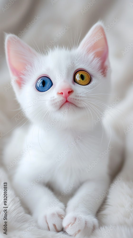 white kitten with different colored eyes on white background white kitten with different colored eyes on white background