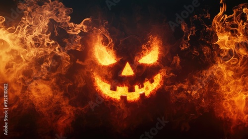 A spooky, glowing pumpkin face emerges from swirling flames, perfect for Halloween-themed designs and illustrations.