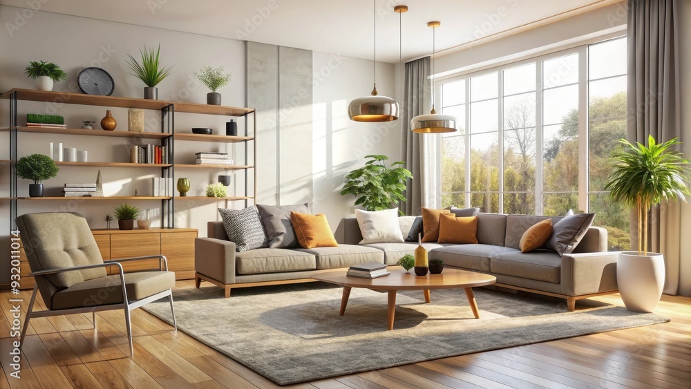 Modern living room with a variety of furniture and decor items, interiors, furniture, sofa, chair, table, lamp, plant Modern living room with a variety of furniture and decor items, interiors, furniture, sofa, chair, table, lamp, plant