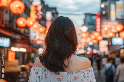 Stylish woman exploring a bustling neon lit street filled with Japanese lanterns representing cultural immersion modern urban life and the allure of travel