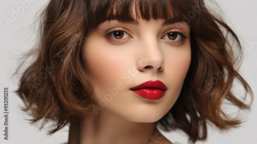 Close up studio portrait of natural beautiful woman with red lipstick