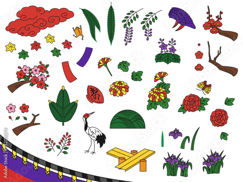 花札の各月の花と役のイラスト素材セット