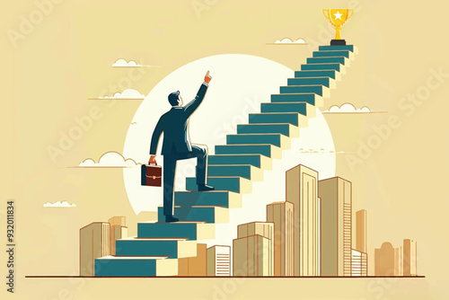 businessman climbing the stairs to the clouds grabbing a trophy as a symbol of success