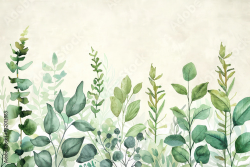 Wallpaper Mural Watercolor illustration of various green plants and leaves arranged in a botanical pattern for a fresh and natural design concept. Torontodigital.ca