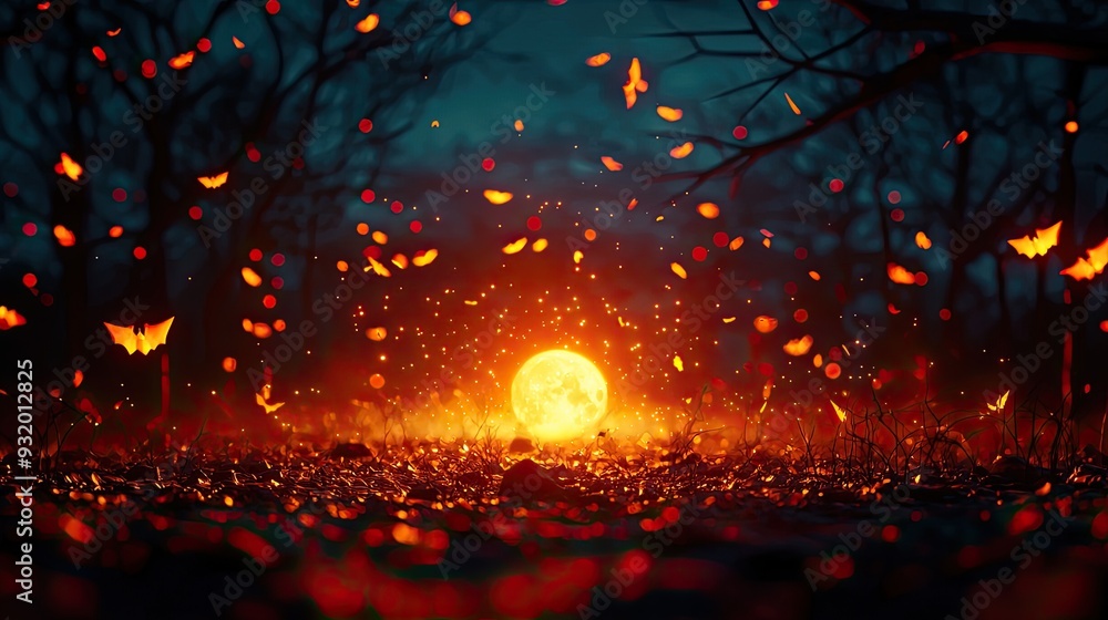 Enchanting scene of an orange sun setting in a dark forest, surrounded by autumn leaves and glowing lights. Enchanting scene of an orange sun setting in a dark forest, surrounded by autumn leaves and glowing lights.
