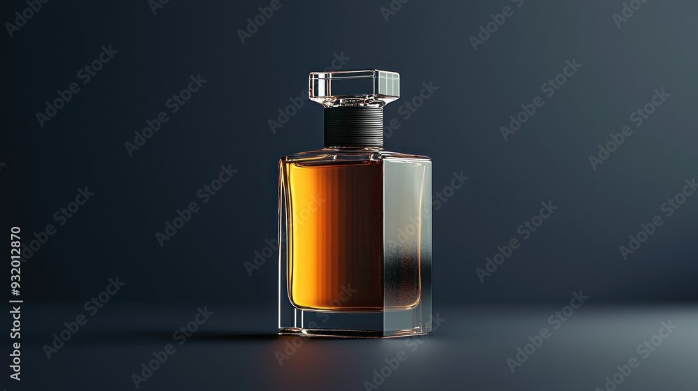 Realistic 3D mockup of a sophisticated perfume bottle with a minimalist design. The bottle sleek lines and reflective surfaces are captured in high resolution, making it ideal for professional