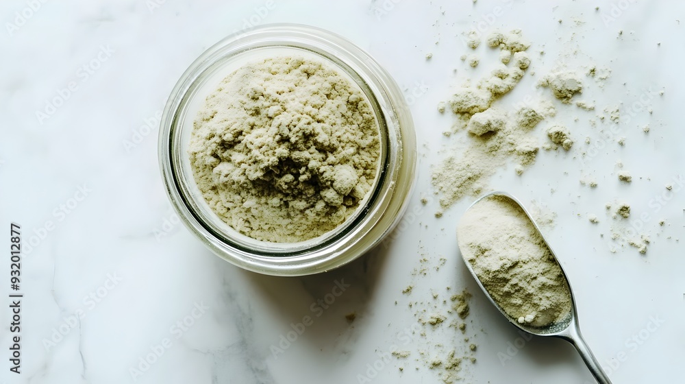 Close up photograph of a glass jar filled with hemp protein powder with a scoop placed beside it and a hint of spilled powder on the clean white background Ideal for health nutrition Close up photograph of a glass jar filled with hemp protein powder with a scoop placed beside it and a hint of spilled powder on the clean white background Ideal for health nutrition