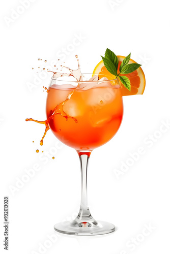 A refreshing cocktail in glass with ice, splashes of liquid, set against a vibrant orange background.