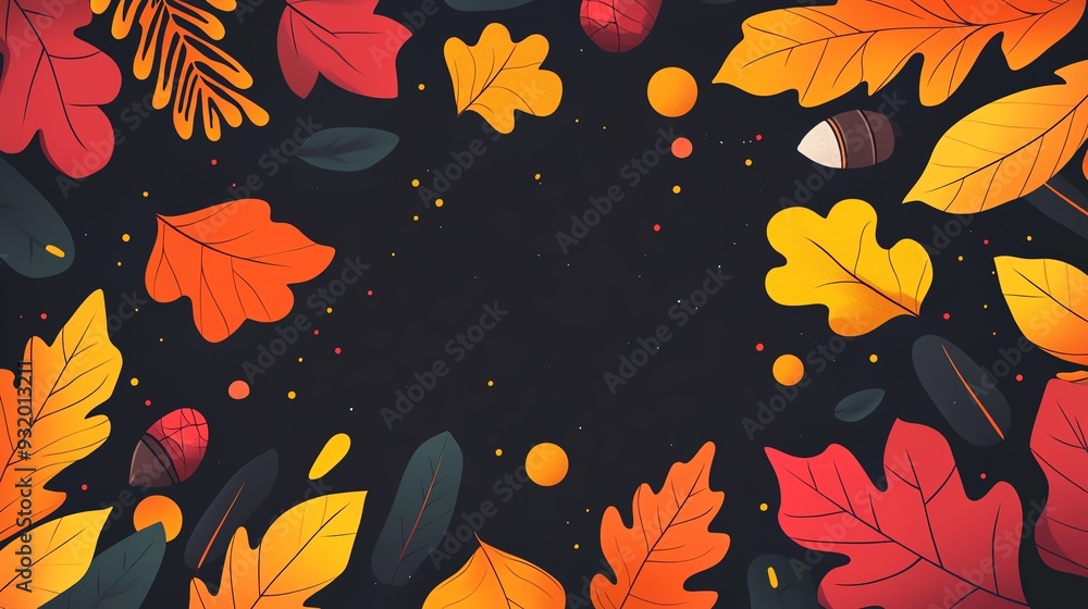 A vibrant autumn background featuring colorful leaves and acorns on a dark backdrop, perfect for fall themes and designs. A vibrant autumn background featuring colorful leaves and acorns on a dark backdrop, perfect for fall themes and designs.