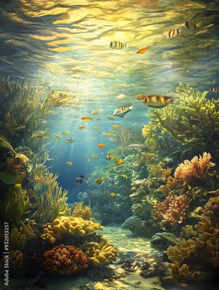 Naklejka premium Thriving Coral Reef Panorama with Iridescent Fish and Sun Kissed Waters