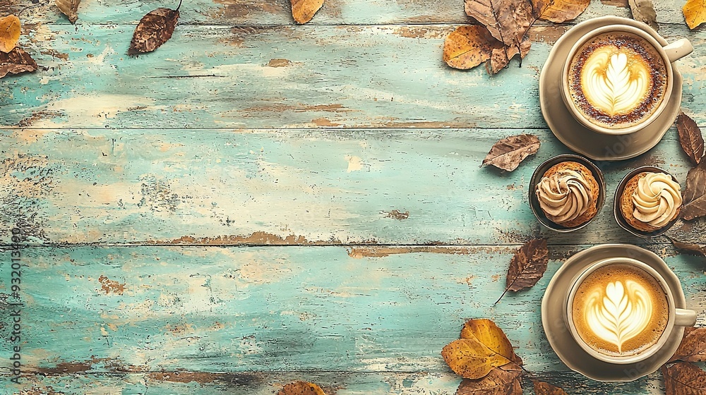 Two cups of cappuccino on a blue wooden table surrounded by foliage and a single cup of cappuccino on a saucer Two cups of cappuccino on a blue wooden table surrounded by foliage and a single cup of cappuccino on a saucer
