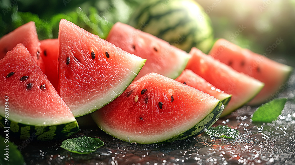 Close-Up of Juicy Freshly Sliced Watermelon Pieces with Seeds Close-Up of Juicy Freshly Sliced Watermelon Pieces with Seeds