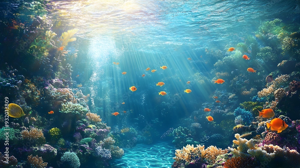 Fototapeta premium Vibrant Coral Reef Teeming with Tropical Fish in Sunlit Azure Waters