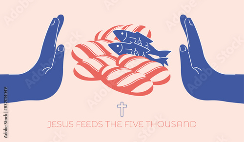 Jesus hands blessing five loaves of bread and two fishes