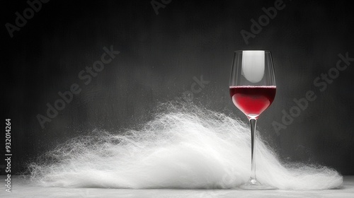   A glass of red wine sits on the edge of a wooden table surrounded by a dusty pile of white powder and an empty wine bottle photo