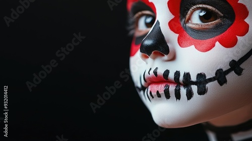 Vibrant sugar skull makeup close-up with floral designs, capturing the essence of tradition and celebration.