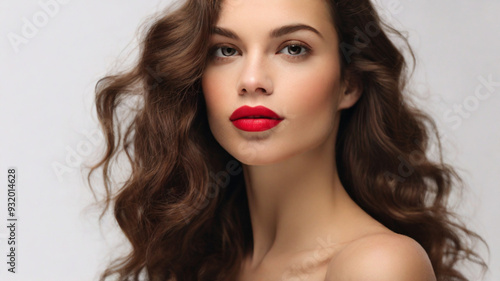 Close up studio portrait of natural beautiful woman with red lipstick