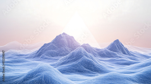 Abstract landscape of mountains made from thin blue lines, with a sunrise in the background photo