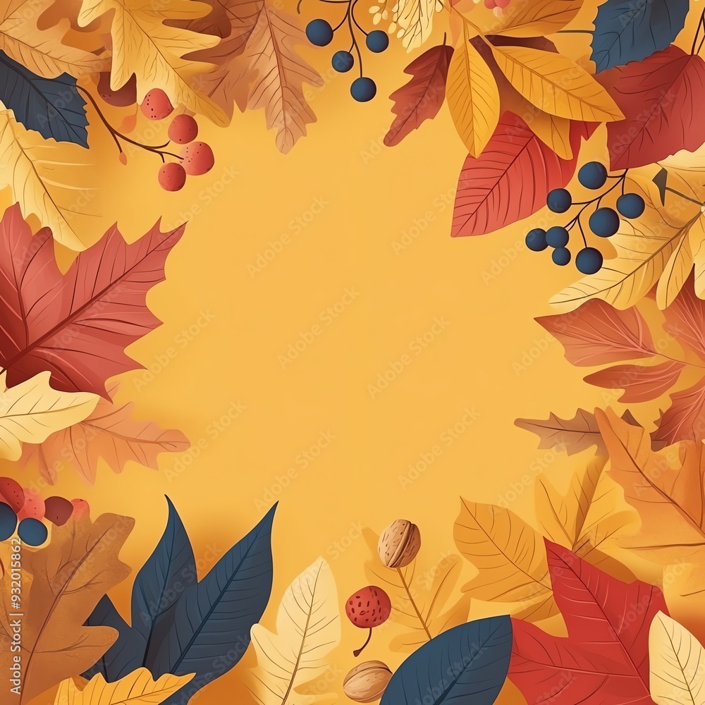A vibrant autumn backdrop featuring colorful leaves and berries on a warm yellow surface, perfect for seasonal designs. A vibrant autumn backdrop featuring colorful leaves and berries on a warm yellow surface, perfect for seasonal designs.