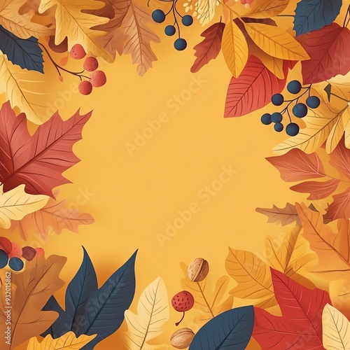 A vibrant autumn backdrop featuring colorful leaves and berries on a warm yellow surface, perfect for seasonal designs.