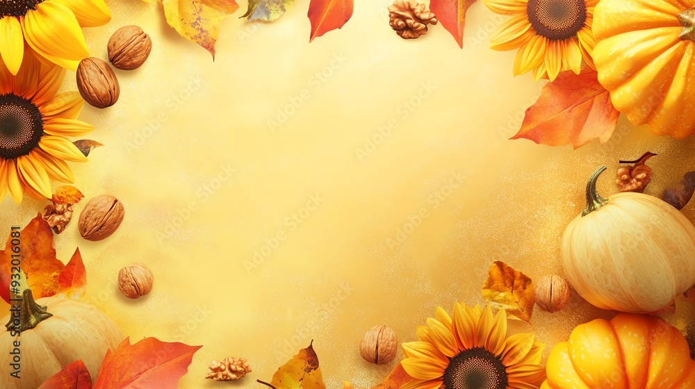 A vibrant autumn frame featuring sunflowers, pumpkins, and colorful leaves on a warm background, perfect for seasonal designs. A vibrant autumn frame featuring sunflowers, pumpkins, and colorful leaves on a warm background, perfect for seasonal designs.