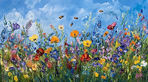 Vibrant Wildflowers in Bloom Buzzing Insects Expressive Acrylic Landscape Painting photo