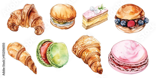 Set collection of watercolor desserts pastries sweet bakery design resources elements
