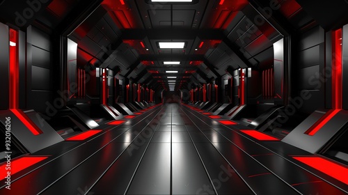 Fototapeta Naklejka Na Ścianę i Meble -  Futuristic corridor with red lights and dark walls.