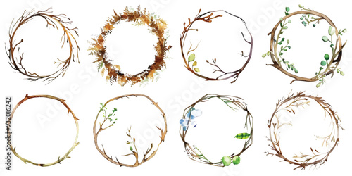 Set collection of watercolor frame border dry trunk tree branches form circular round shape design resources elements