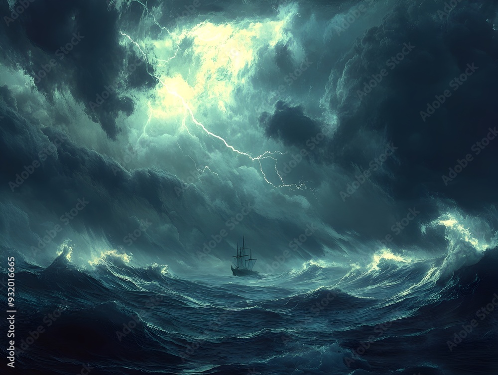Tumultuous Open Ocean Vista Solitary Ship Tossed Amidst the Tempestuous Swells and Lightning Tumultuous Open Ocean Vista Solitary Ship Tossed Amidst the Tempestuous Swells and Lightning