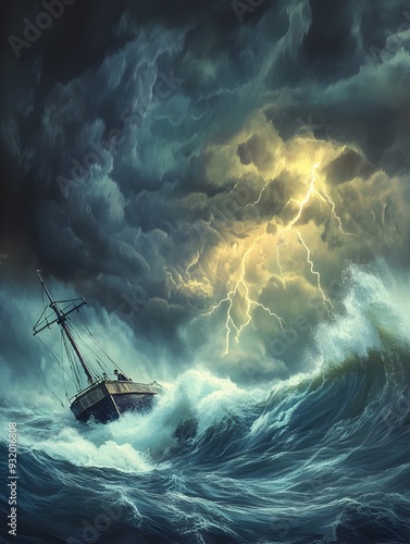 Dramatic Seascape Under Tumultuous Skies with Powerful Storm and Tiny Fishing Boat photo