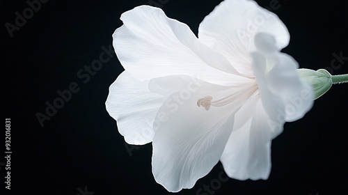  A sharp focus white flower against a black backdrop with a fuzzy center image