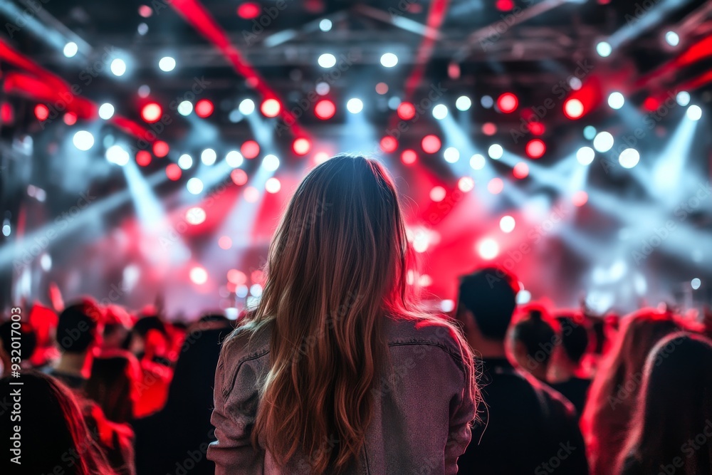 Captivating view of a woman from behind standing amidst a crowd at a concert with vivid stage lights and bokeh effects highlighting the shared experience and the powerful energy of live music Captivating view of a woman from behind standing amidst a crowd at a concert with vivid stage lights and bokeh effects highlighting the shared experience and the powerful energy of live music