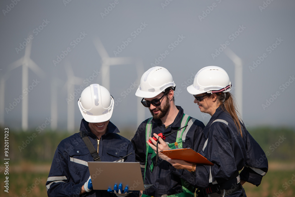 Engineers working on site in wind turbine farm, Wind turbines generate clean energy source, Eco technology for electric, industry environment Engineers working on site in wind turbine farm, Wind turbines generate clean energy source, Eco technology for electric, industry environment