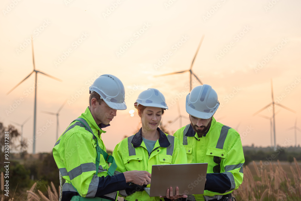 Team of engineers working and using a computer laptop on site in wind turbine farm, Wind turbines generate clean energy source, Eco technology for electric Team of engineers working and using a computer laptop on site in wind turbine farm, Wind turbines generate clean energy source, Eco technology for electric