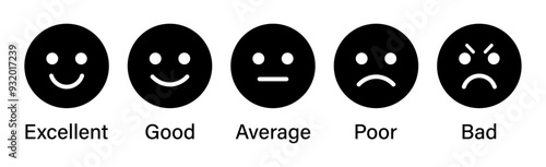 Rating emoji set for customer feedback or product experience in black and white color. Five-star rating emoji icon set. Emoji feedback scale. Rating emoji collection. Vector illustration.