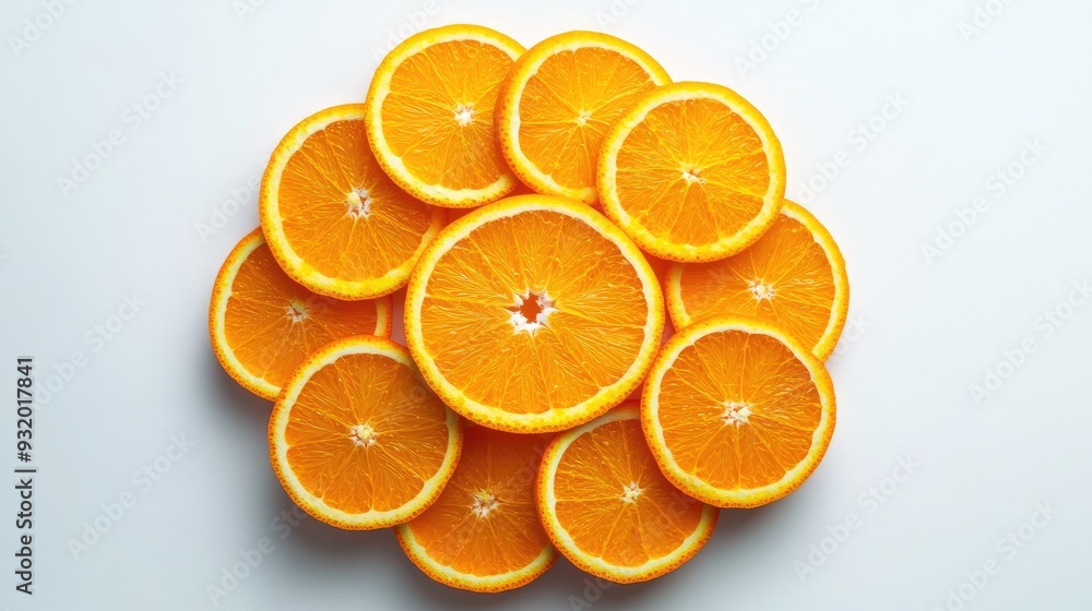 An artistic arrangement of orange slices forming a circular pattern on a white background. An artistic arrangement of orange slices forming a circular pattern on a white background.