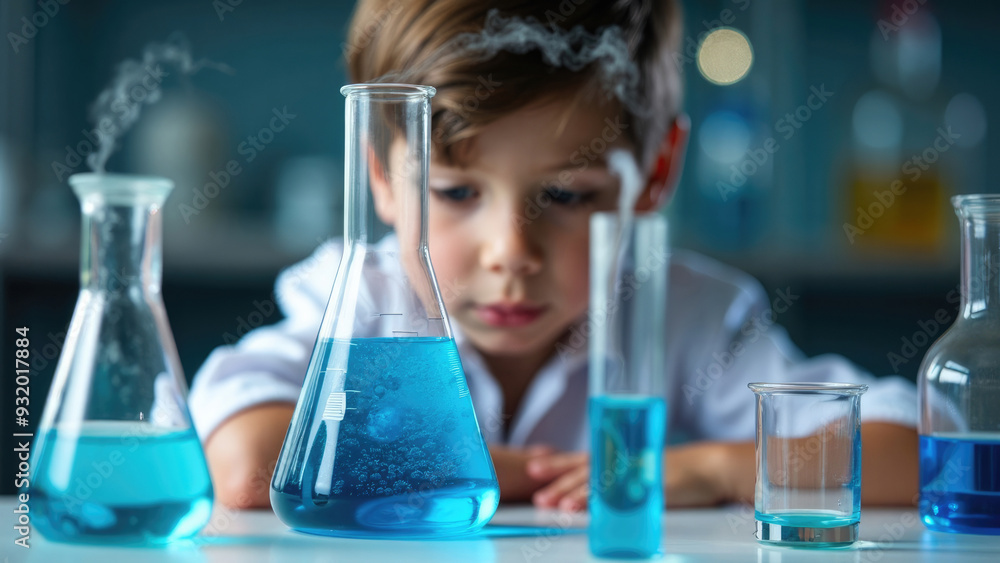 This image shows a young boy in a lab coat carefully observing a beaker with a blue chemical reaction, showcasing his curiosity and focused interest in scientific experiments. This image shows a young boy in a lab coat carefully observing a beaker with a blue chemical reaction, showcasing his curiosity and focused interest in scientific experiments.