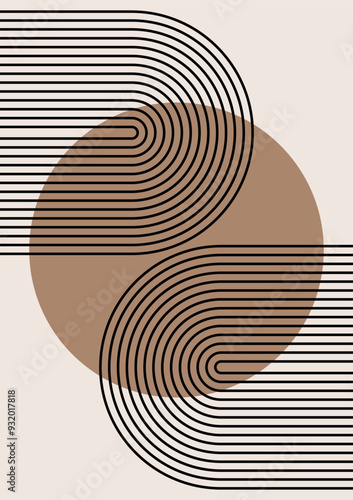Aesthetic Boho Abstract Prints. Minimal line poster. Boho wall art. Neutral beige brown prints. Mid-century abstract aesthetic background. Vector illustration.