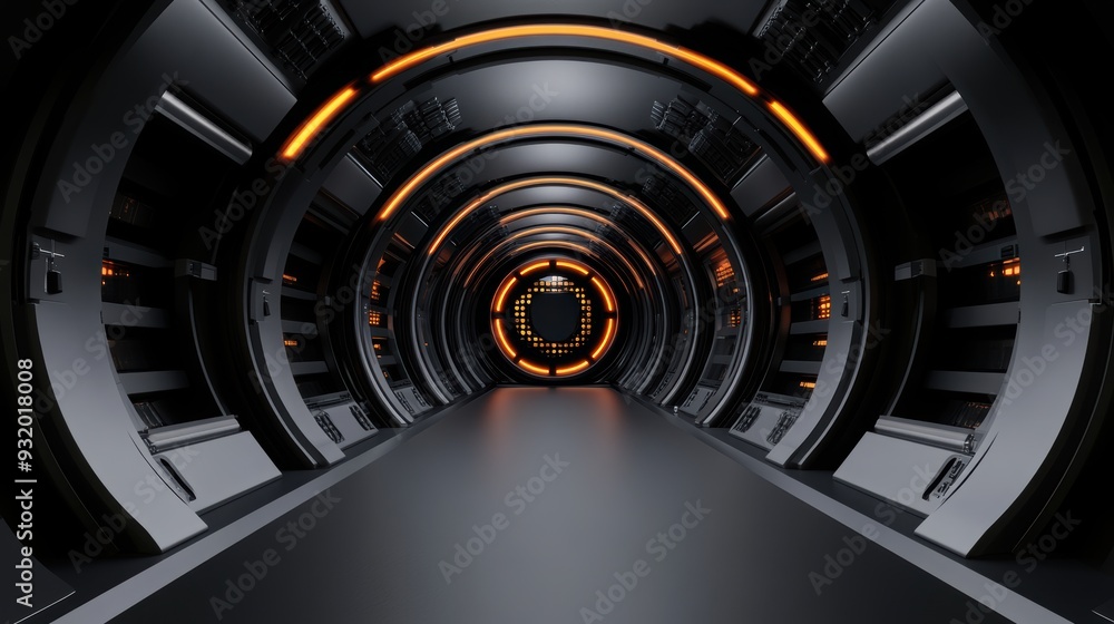 Futuristic corridor with sleek design and glowing orange lights, creating a sci-fi atmosphere ideal for digital art or technology themes. Futuristic corridor with sleek design and glowing orange lights, creating a sci-fi atmosphere ideal for digital art or technology themes.