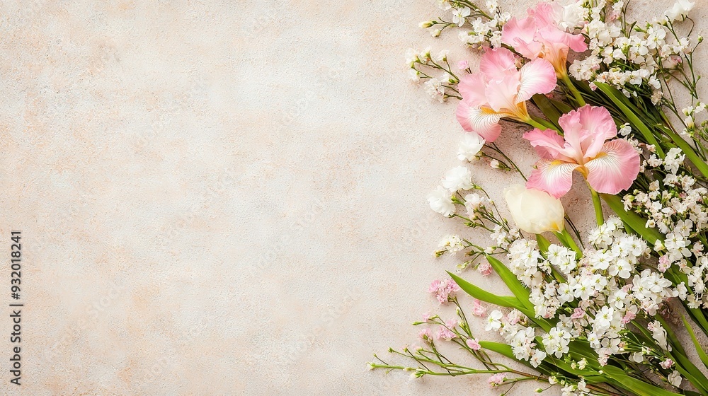 Pink and white flowers resting on paper near baby's breath vase Pink and white flowers resting on paper near baby's breath vase