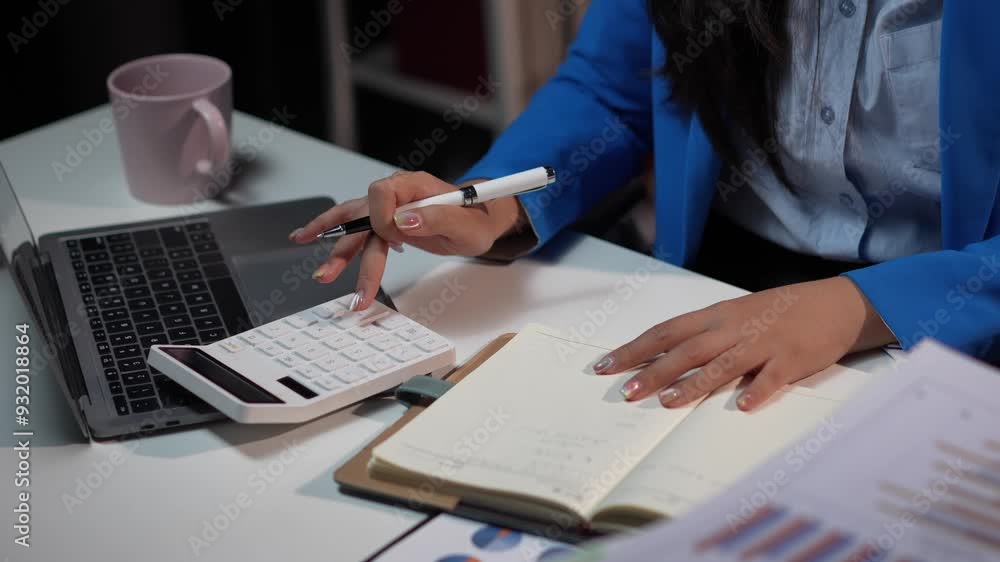 Accountant working using calculator and taking notes Accountant working using calculator and taking notes