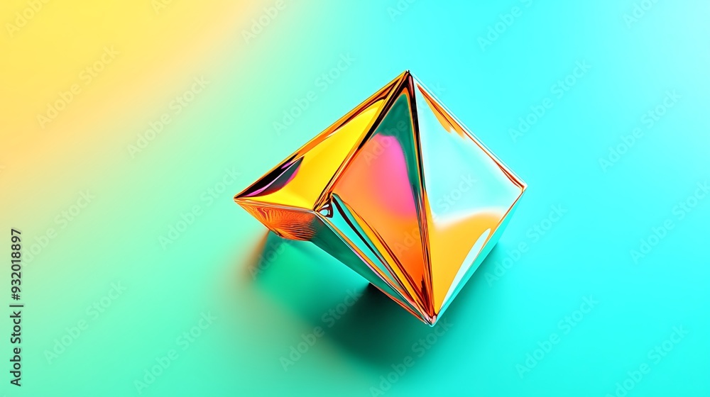 Fototapeta premium Geometric Elegance: Turquoise and Lime Abstract Background with Metallic Orange Tetrahedron Centerpiece